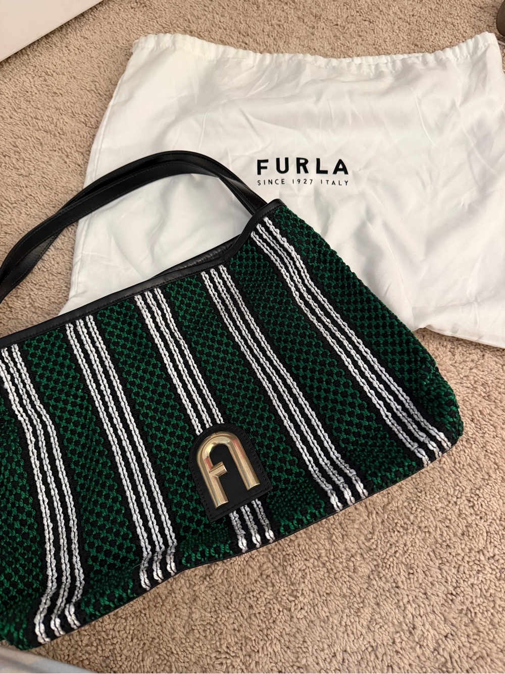 Furla Green, Black & White Striped Hobo Bag
